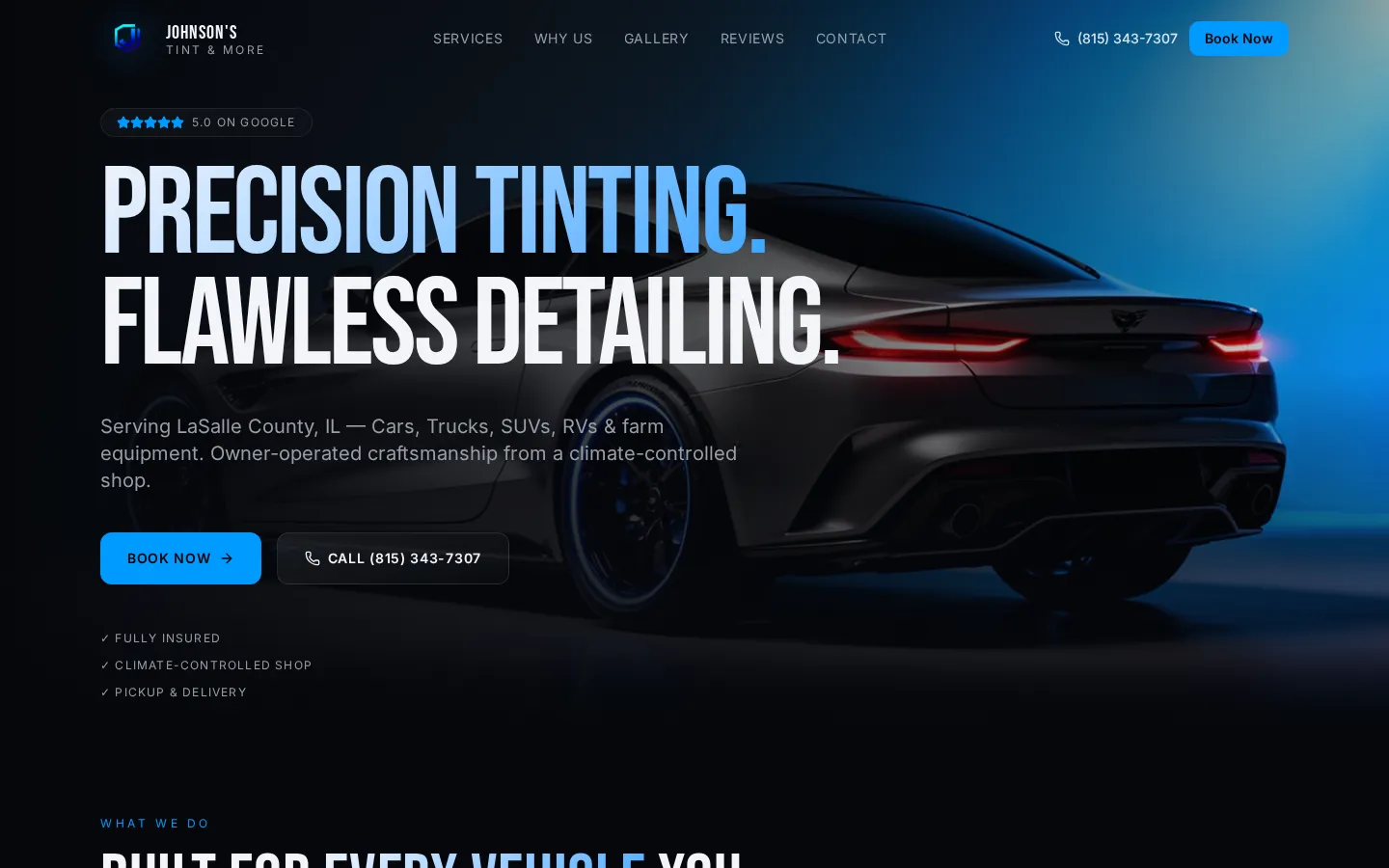 Johnson's Tint & More website built by Illinois Valley Web Design